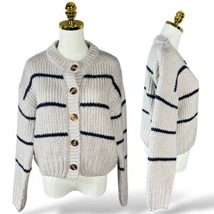 Dress Forum Los Angeles Striped Chunky Knit Cardigan Beige Navy FWJ11858 Small